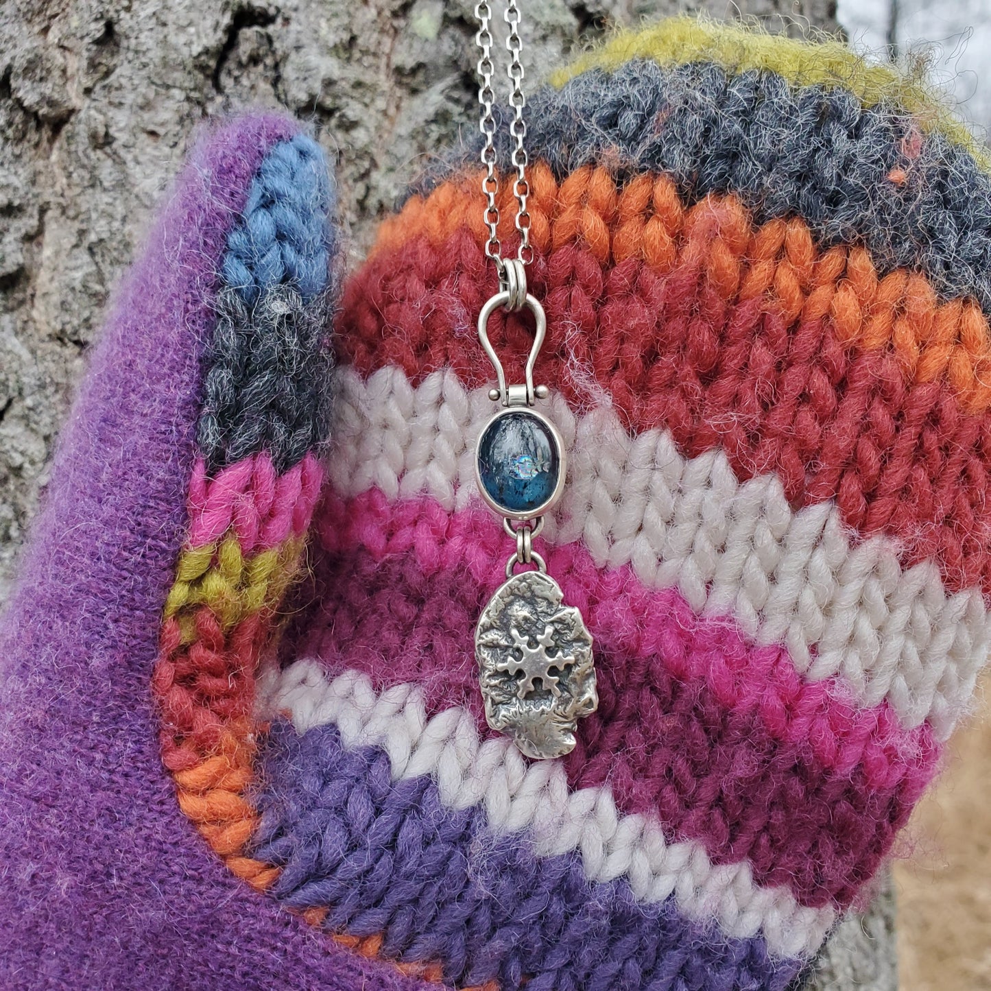 Moss Kyanite Necklace with Reticulated Silver and Snowflake