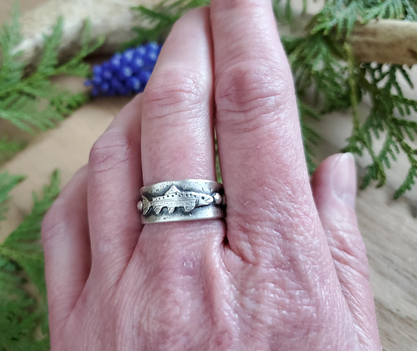 Trout and River Rock Ring - Size 7.25