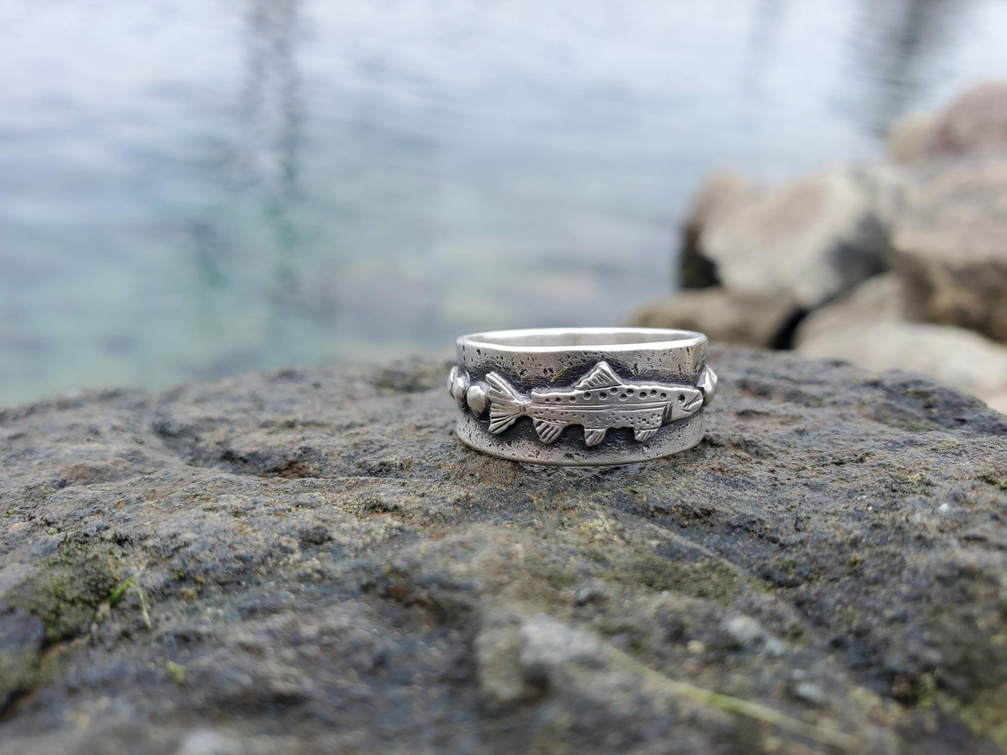 Trout and River Rock Ring - Size 7.25