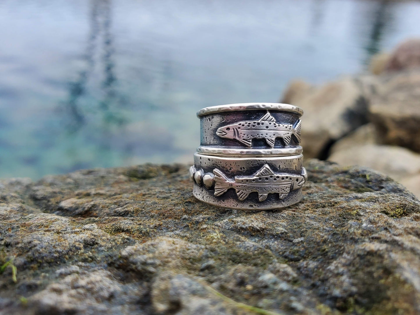 Trout and River Rock Ring - Size 7.25