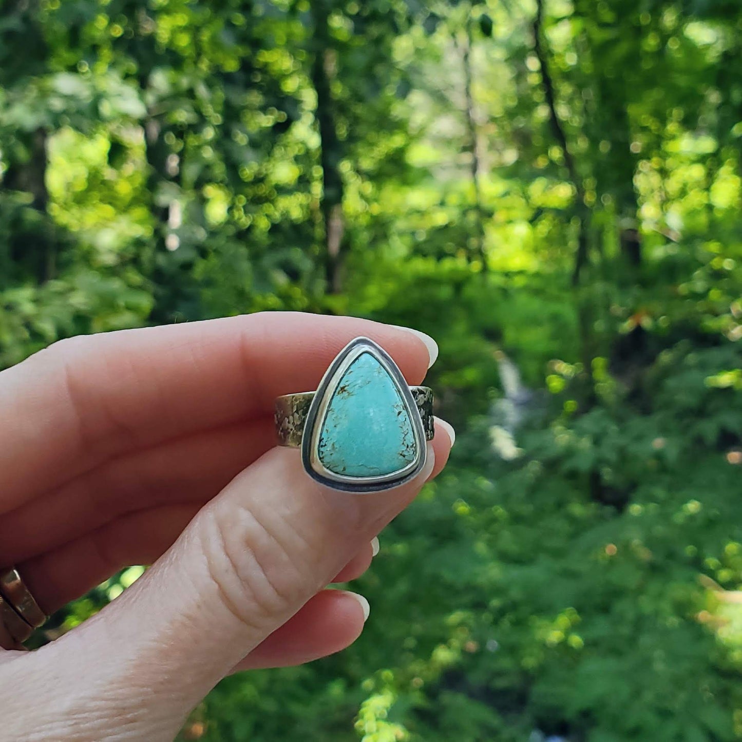Number 8 Mine Turquoise Ring with Fused Silver Band - Size 9.25