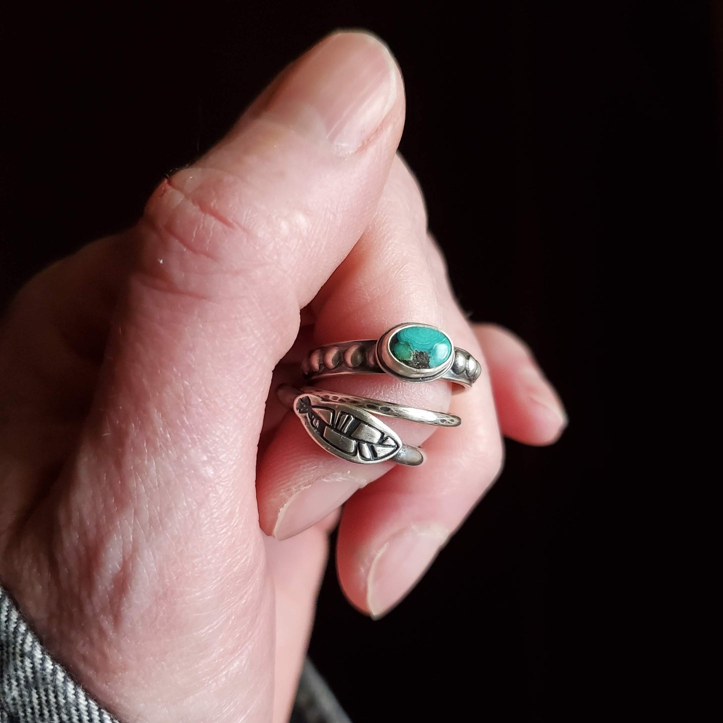 Turquoise and Feather Stacking Ring Set - Size 7