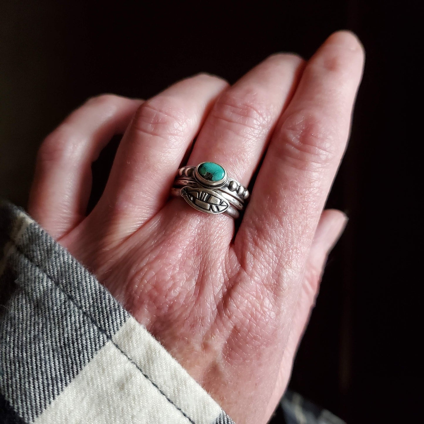 Turquoise and Feather Stacking Ring Set - Size 7