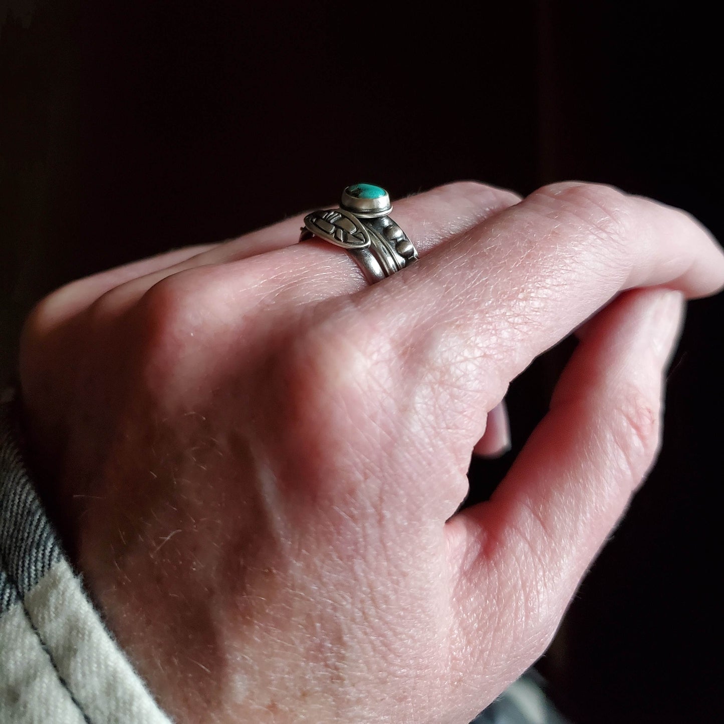 Turquoise and Feather Stacking Ring Set - Size 7