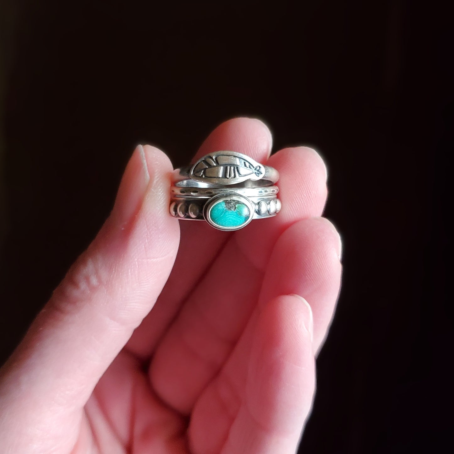 Turquoise and Feather Stacking Ring Set - Size 7
