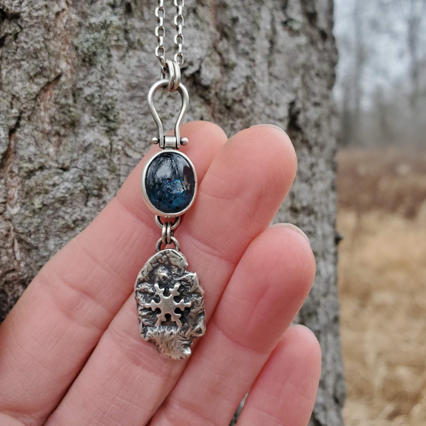 Moss Kyanite Necklace with Reticulated Silver and Snowflake