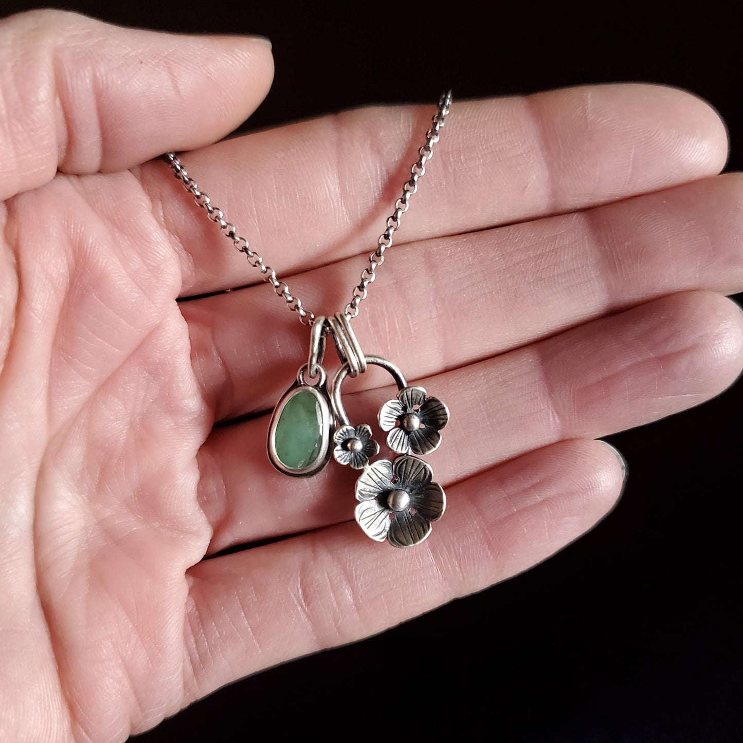 Emerald with a Trio of Flowers Charm Necklace