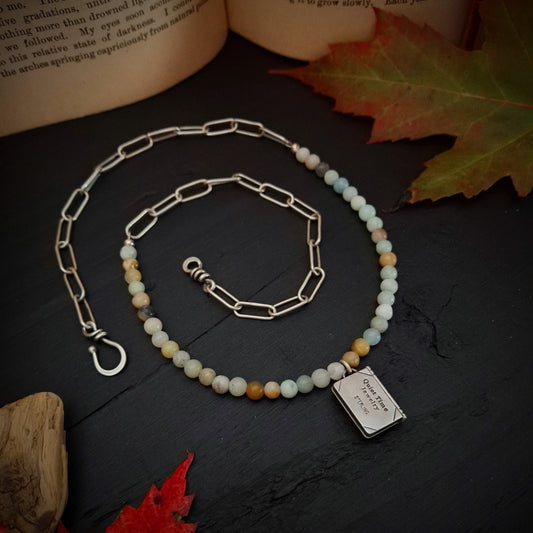 Turquoise Book Charm with Amazonite Beads and Paperclip Necklace ~ Cozy Autumn