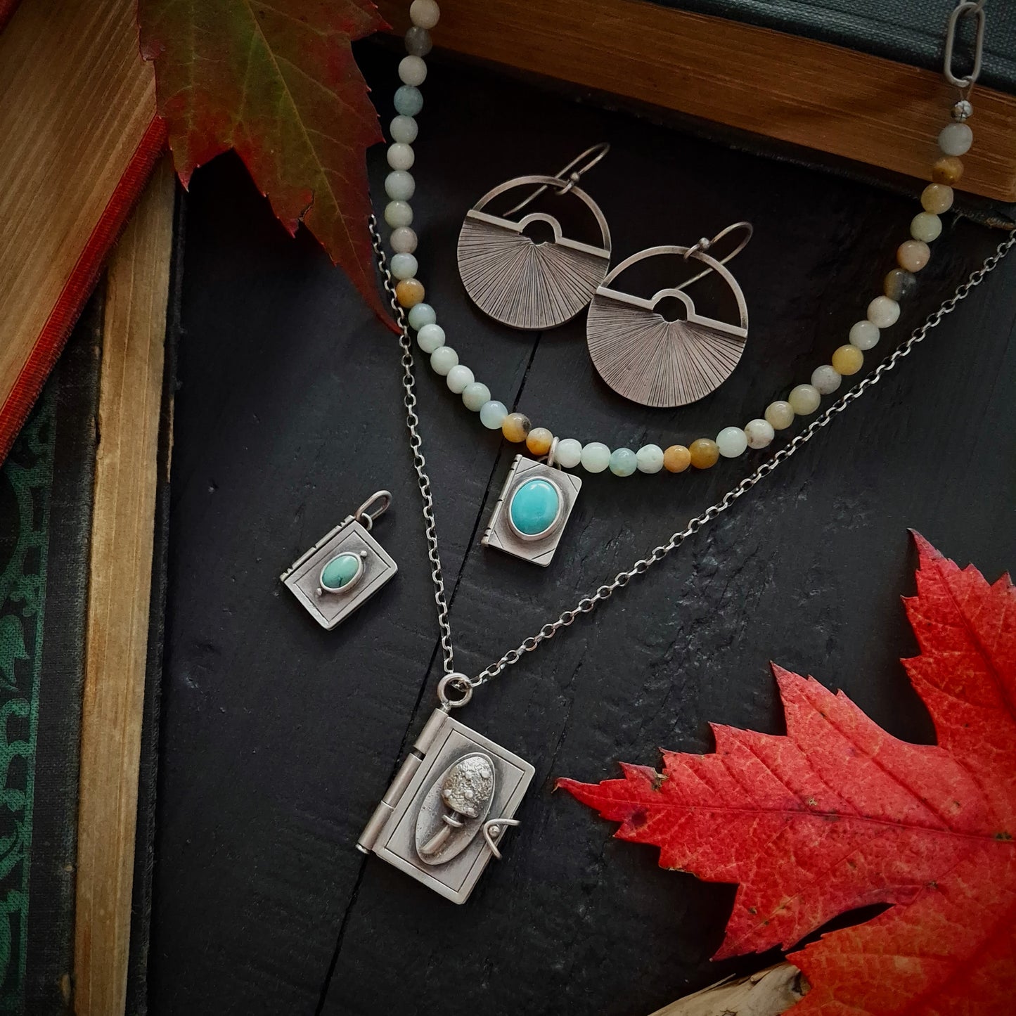 Turquoise Book Charm with Amazonite Beads and Paperclip Necklace ~ Cozy Autumn