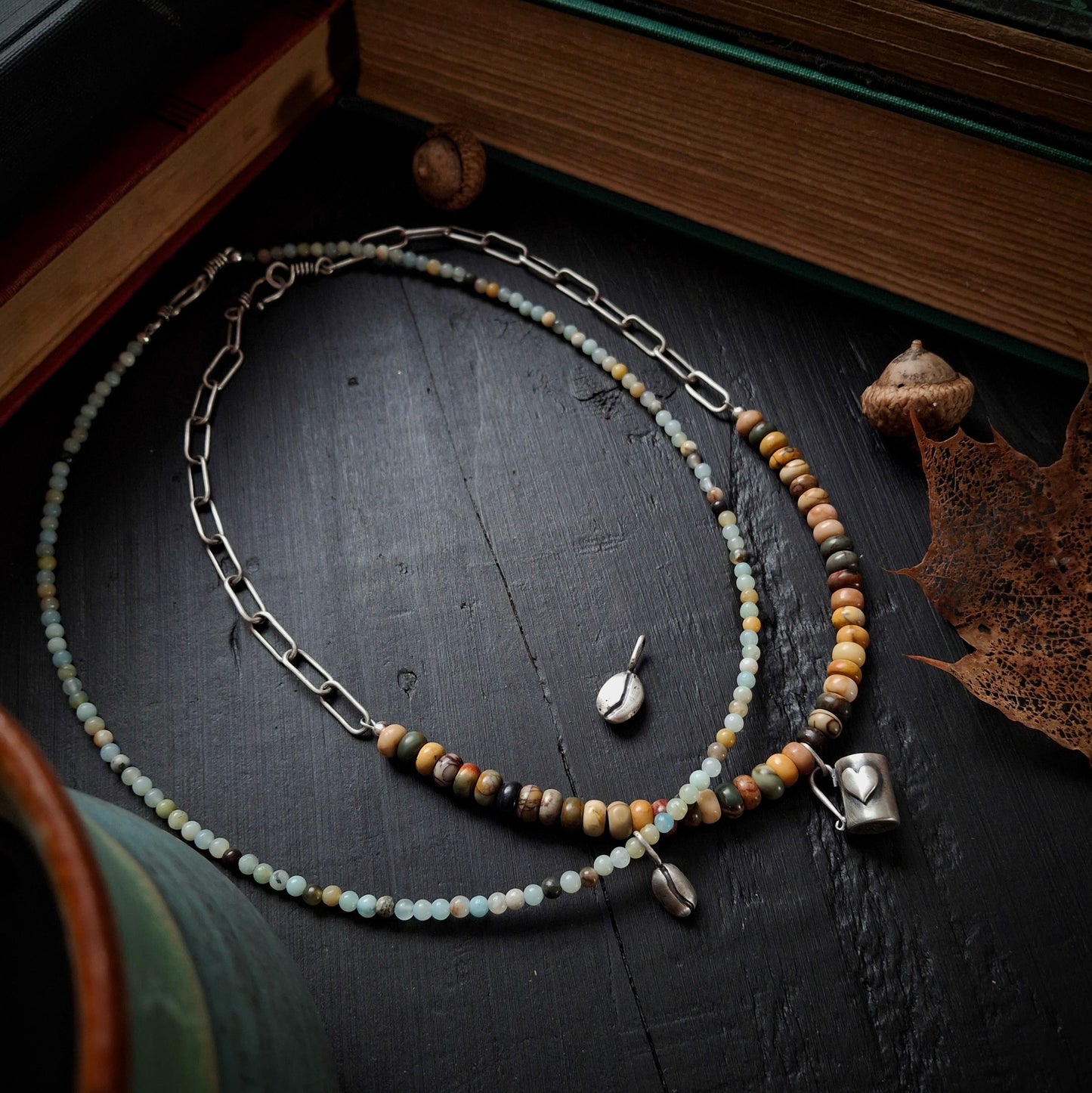 Coffee Bean and Amazonite Beaded Necklace ~ Cozy Autumn Collection
