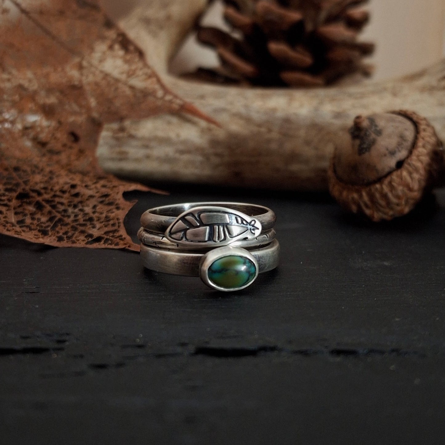 Turquoise and Feather Stacking Ring Set - Size 6