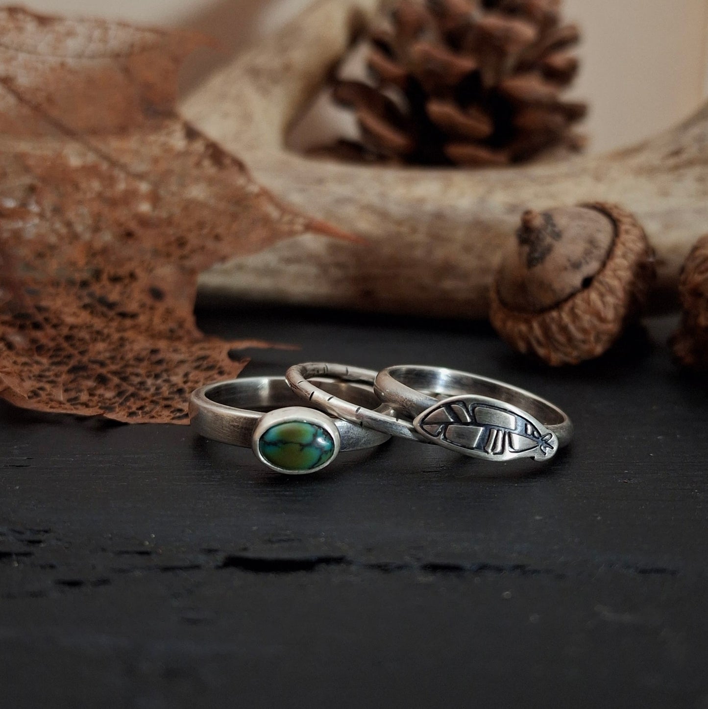 Turquoise and Feather Stacking Ring Set - Size 6
