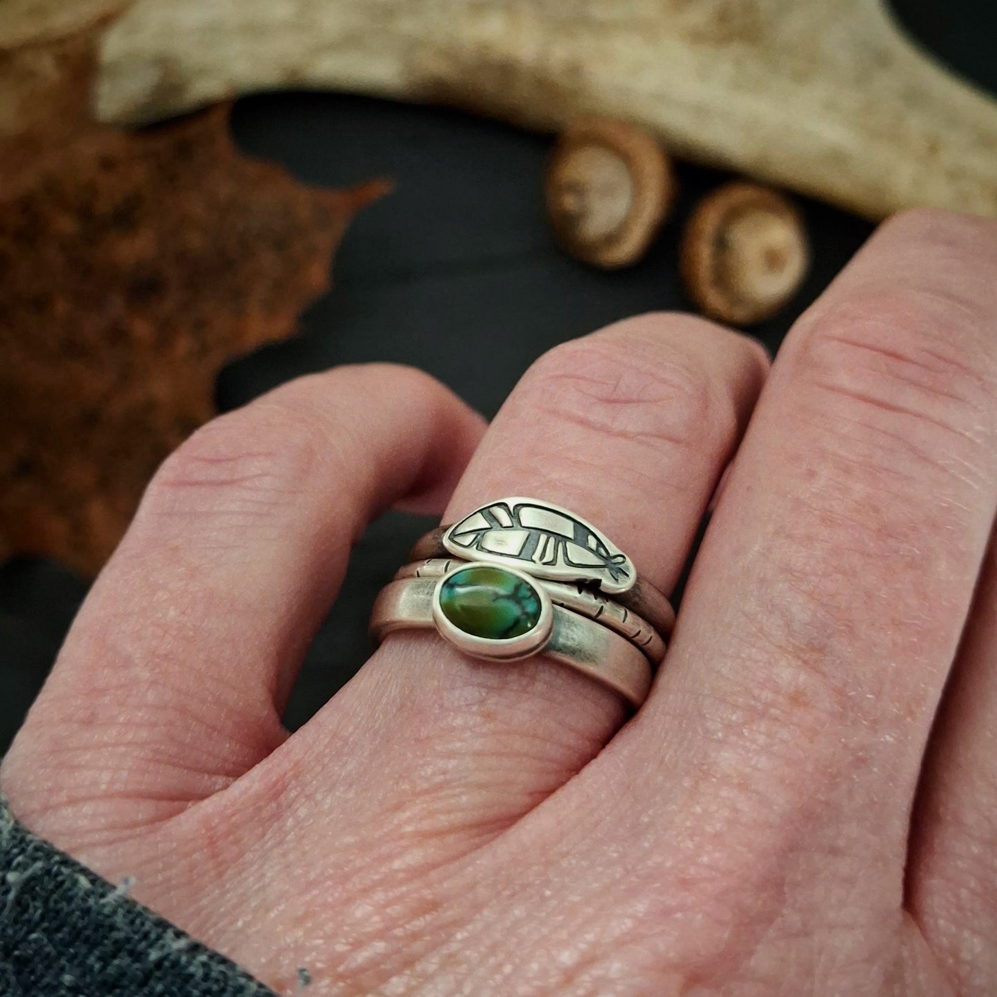 Turquoise and Feather Stacking Ring Set - Size 6