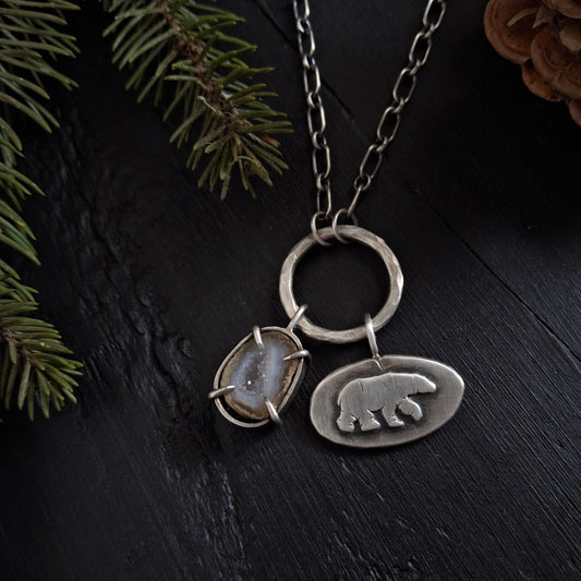 Polar Bear and Ice Necklace - Mini Geode Charm