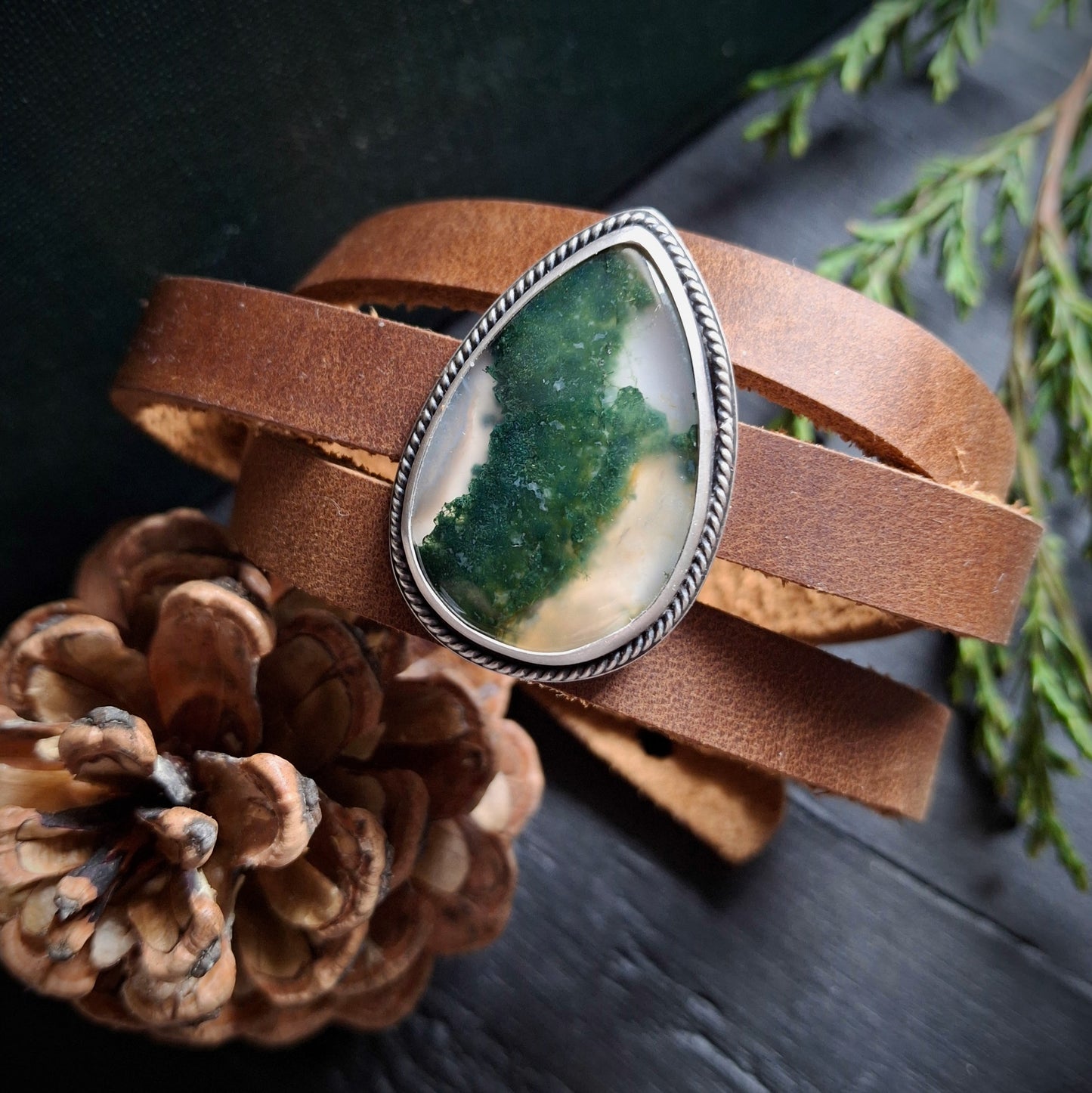 Moss Agate Leather Bracelet