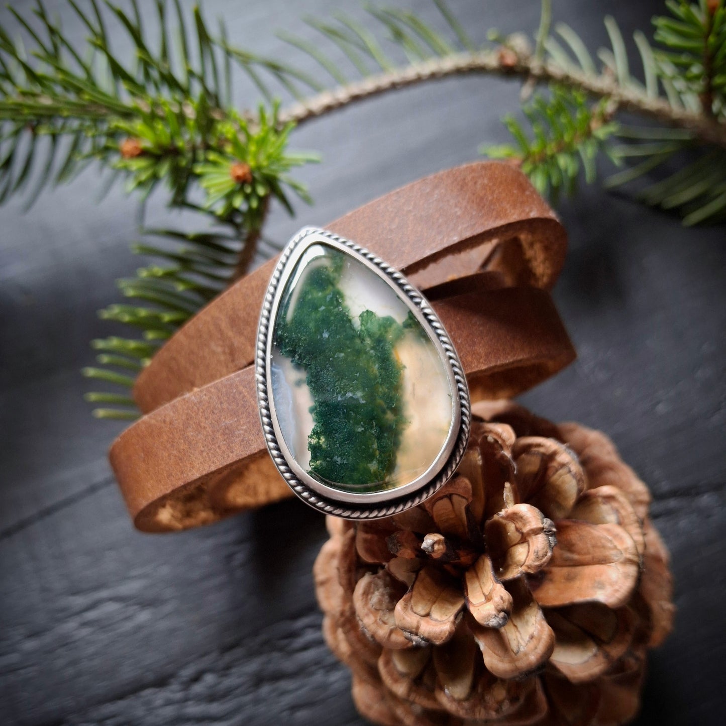 Moss Agate Leather Bracelet