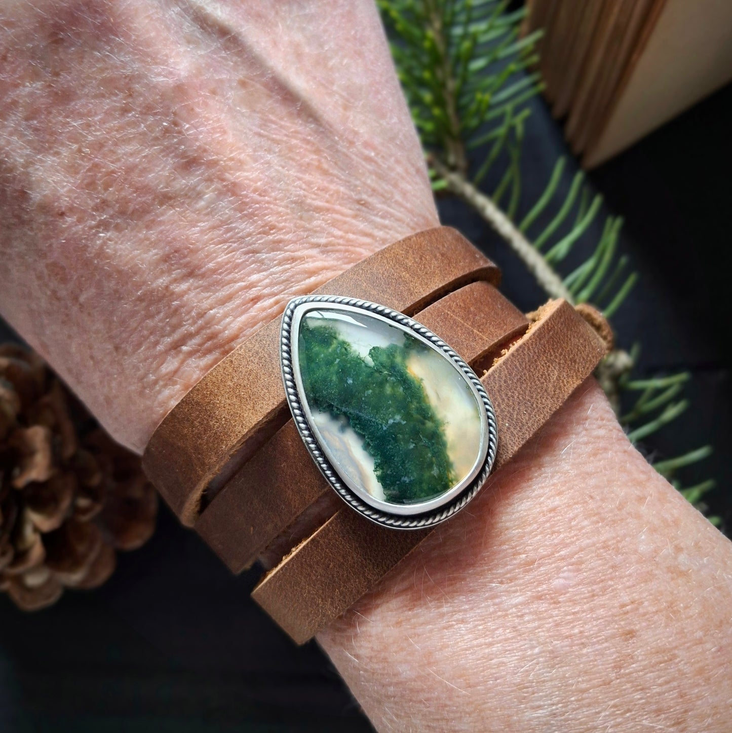 Moss Agate Leather Bracelet