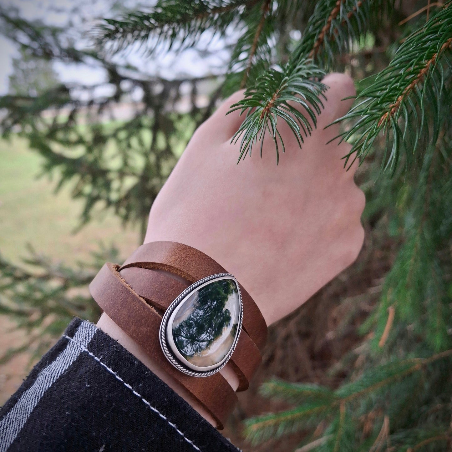 Moss Agate Leather Bracelet