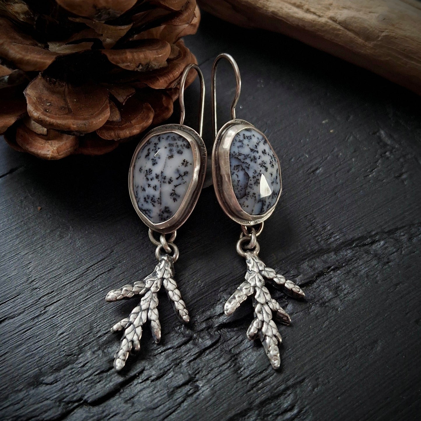 Dendritic Agate Earrings with Cedar Branch Dangles