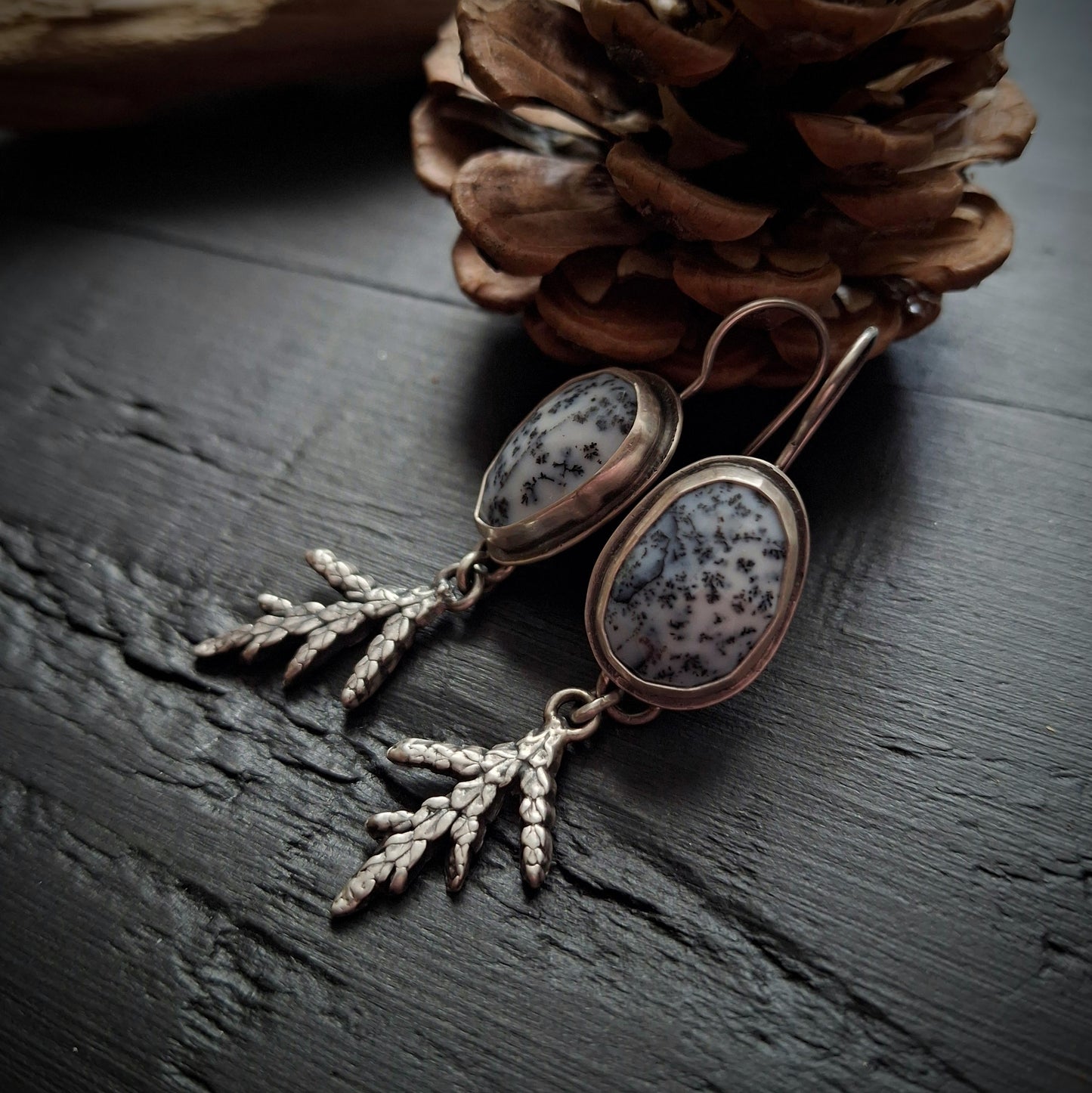 Dendritic Agate Earrings with Cedar Branch Dangles
