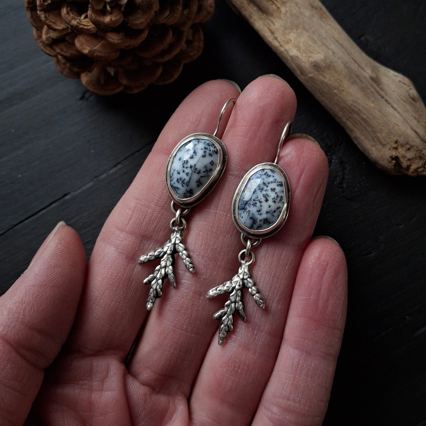 Dendritic Agate Earrings with Cedar Branch Dangles