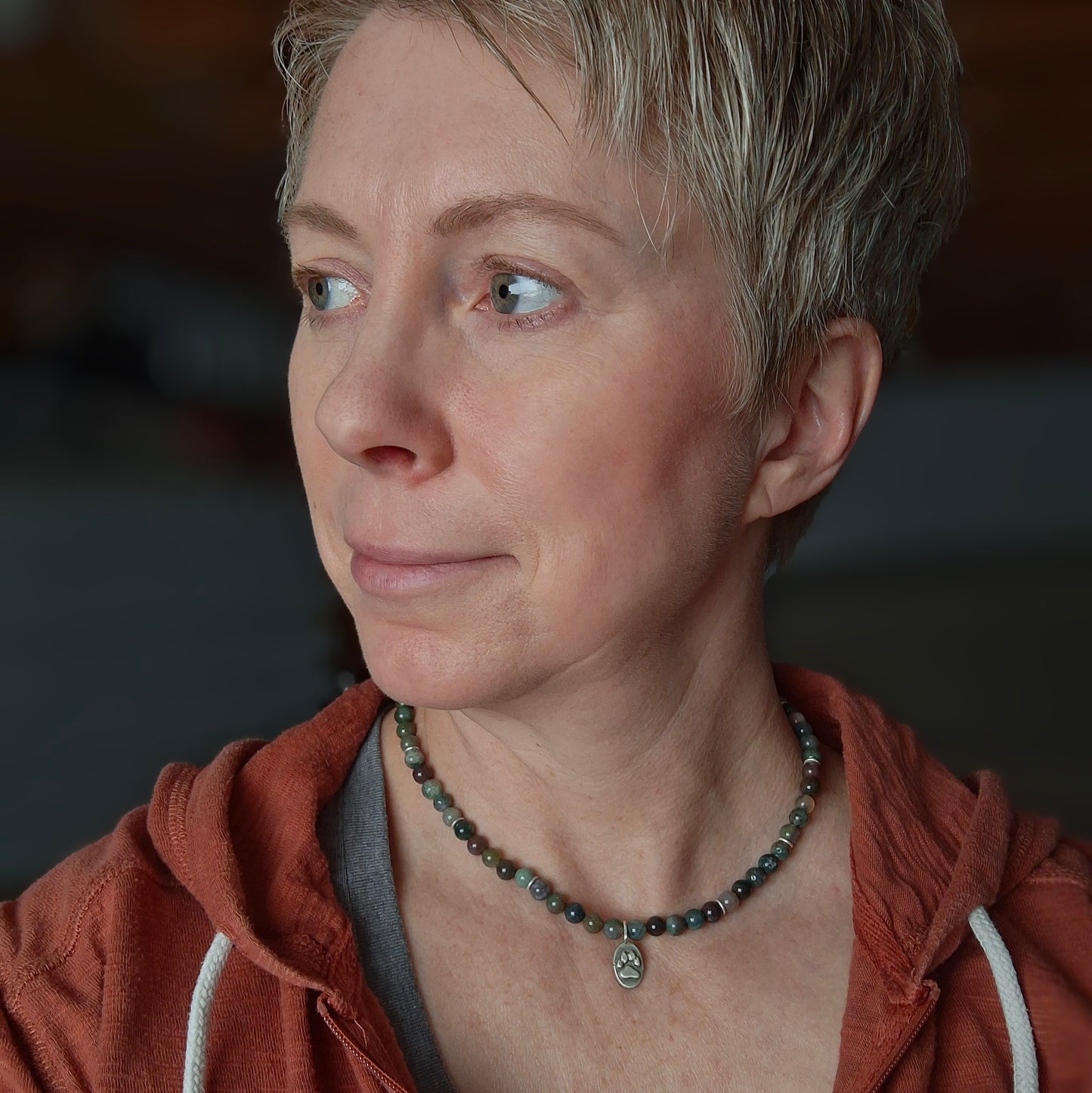 Indian Agate Beaded Necklace with Paw Print