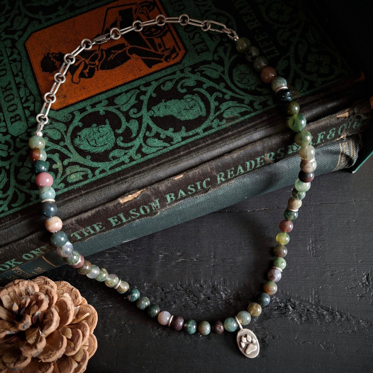 Indian Agate Beaded Necklace with Paw Print