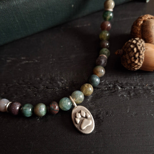 Indian Agate Beaded Necklace with Paw Print
