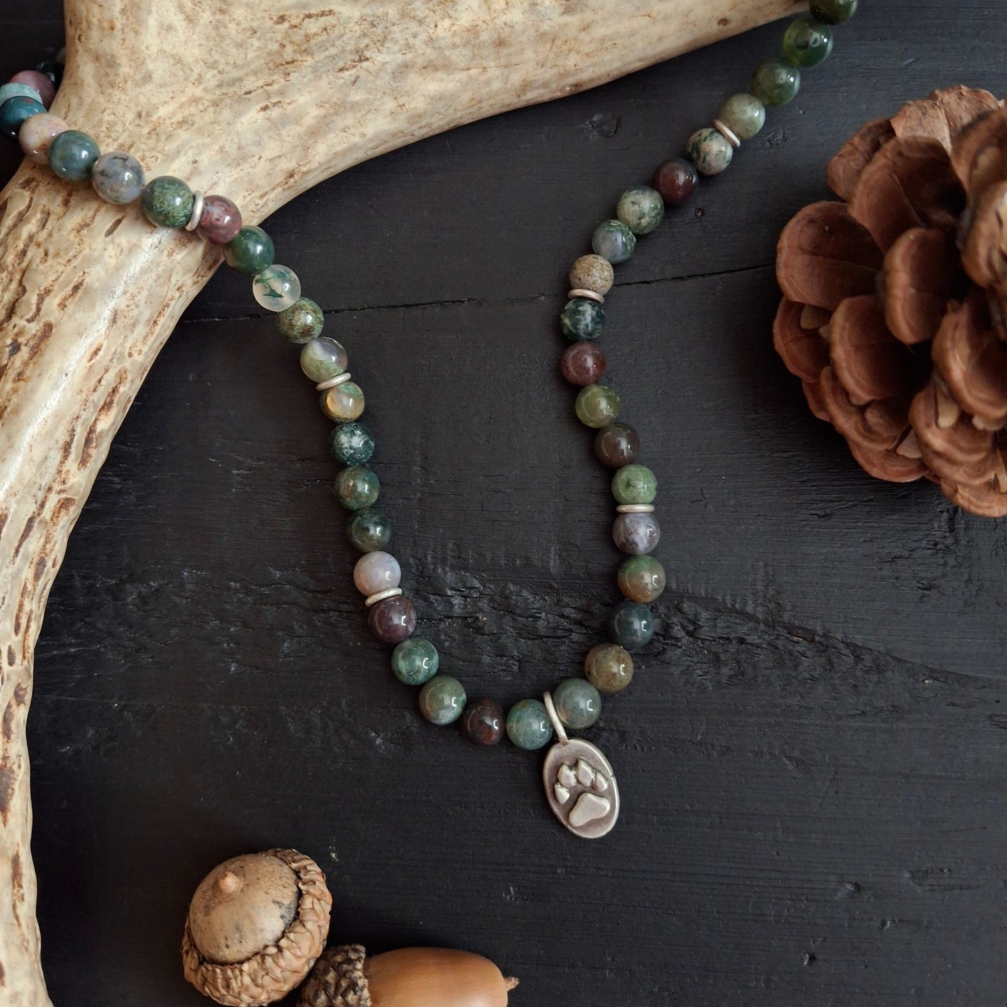 Indian Agate Beaded Necklace with Paw Print