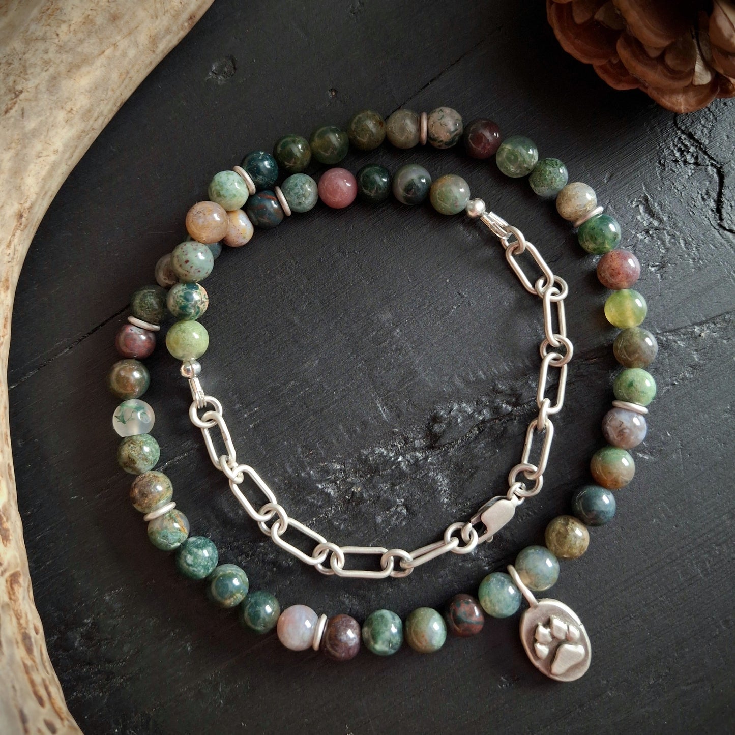 Indian Agate Beaded Necklace with Paw Print