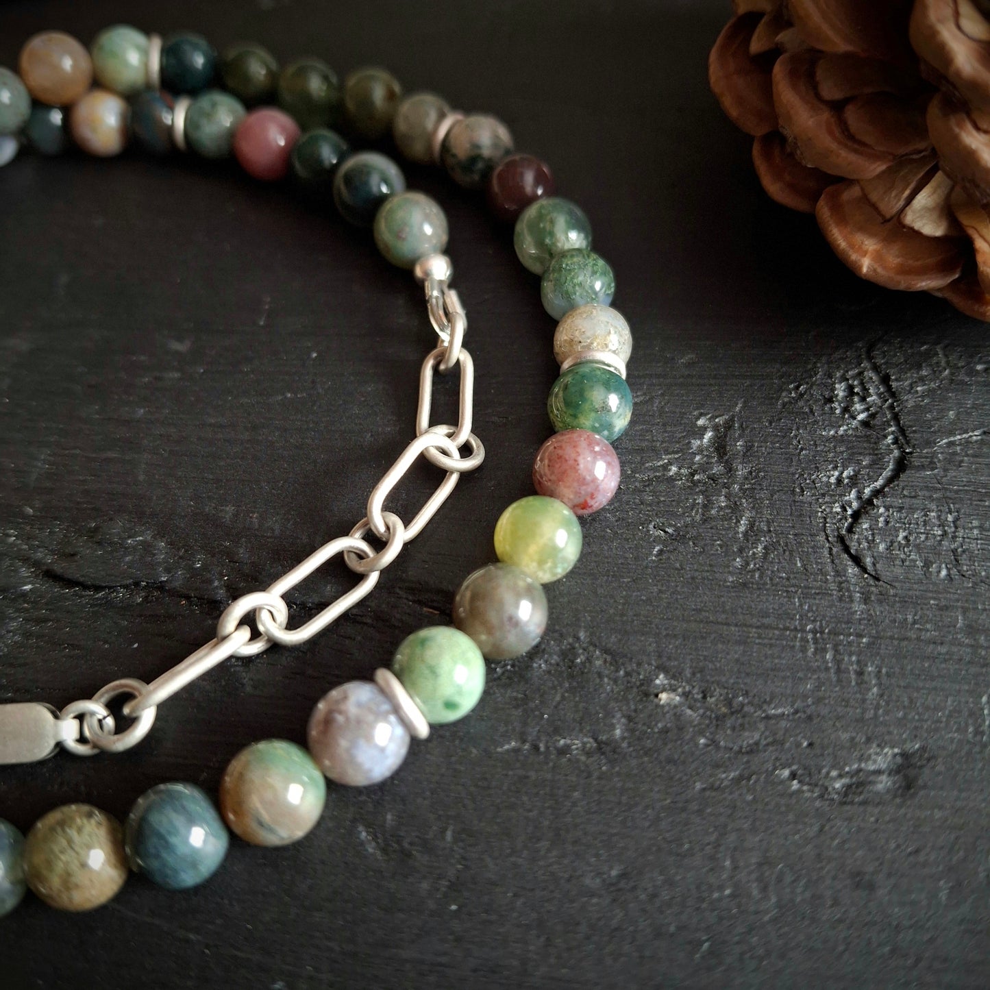 Indian Agate Beaded Necklace with Paw Print