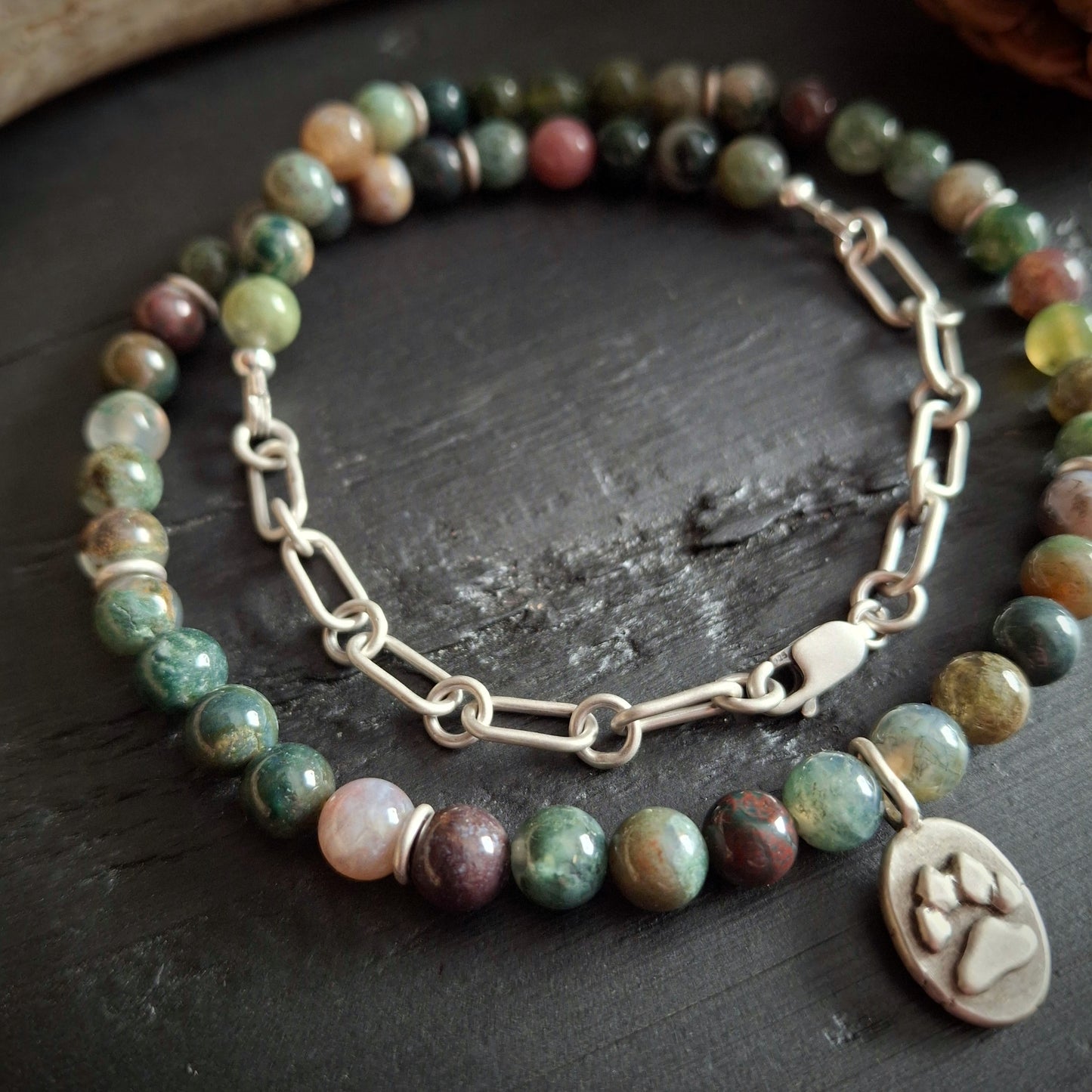 Indian Agate Beaded Necklace with Paw Print