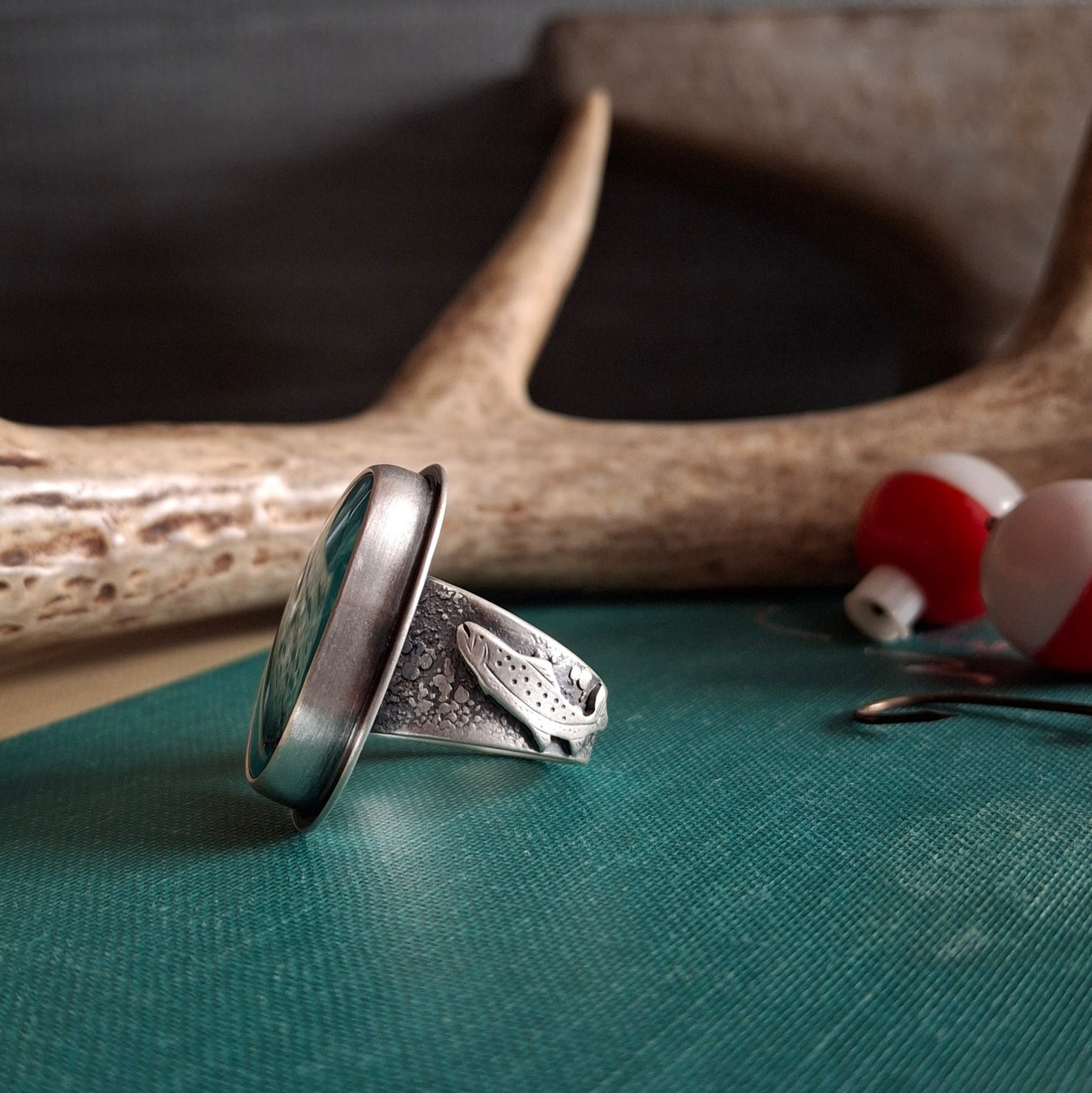 Tibetan Turquoise with Trout Ring - Size 8.5
