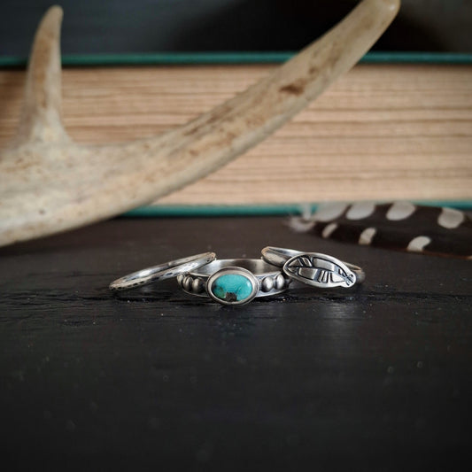 Turquoise and Feather Stacking Ring Set - Size 7