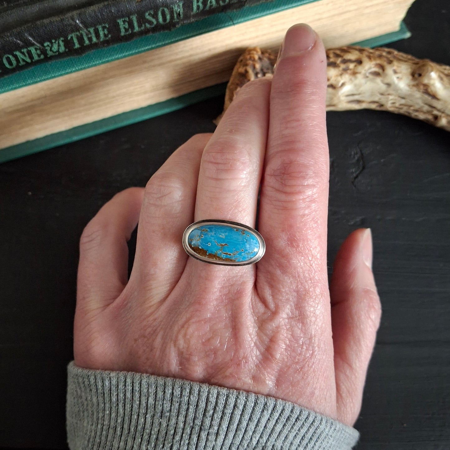 Kingman Turquoise Ring with Textured Band - Size 7.75
