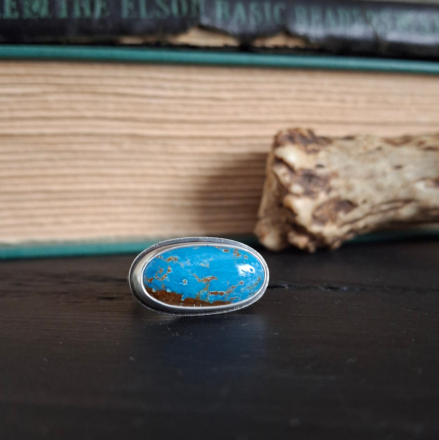 Kingman Turquoise Ring with Textured Band - Size 7.75