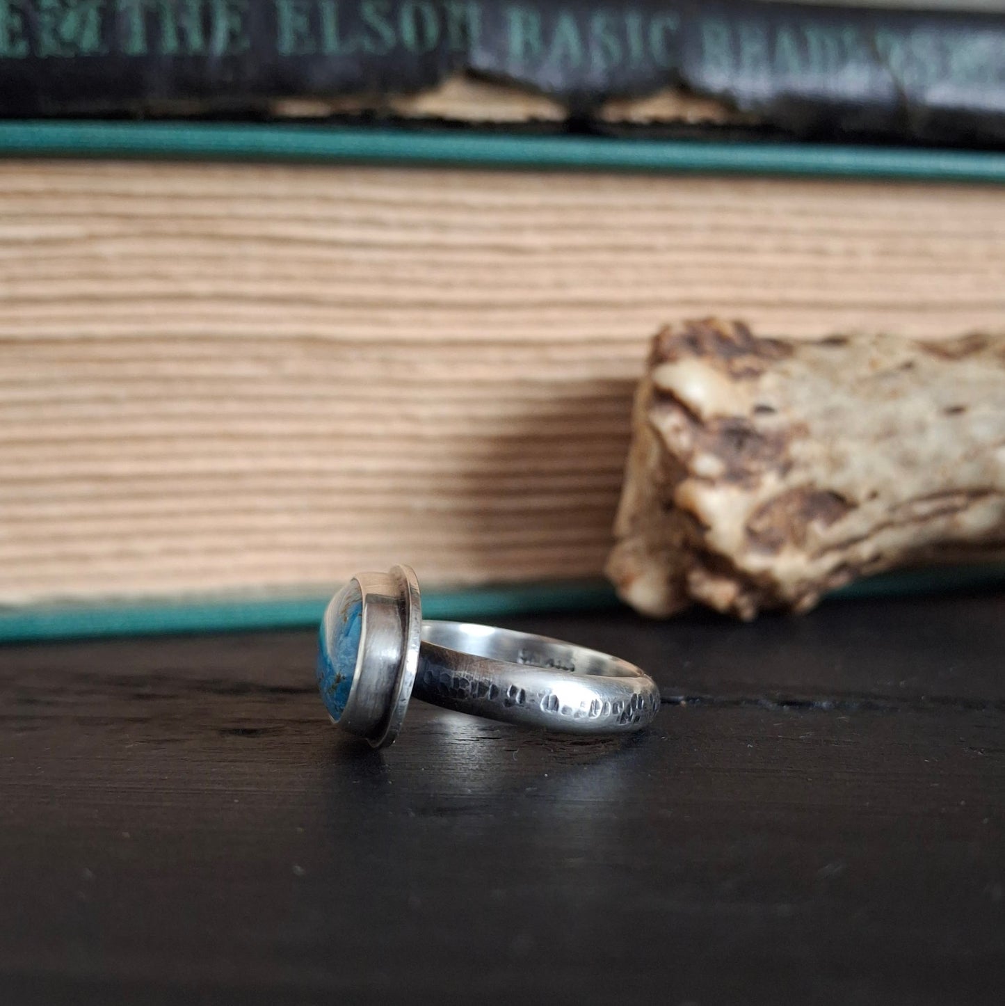 Kingman Turquoise Ring with Textured Band - Size 7.75