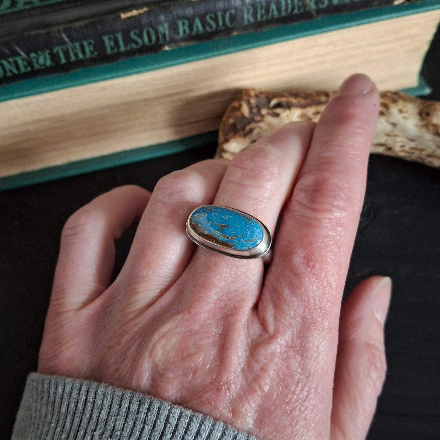 Kingman Turquoise Ring with Textured Band - Size 7.75