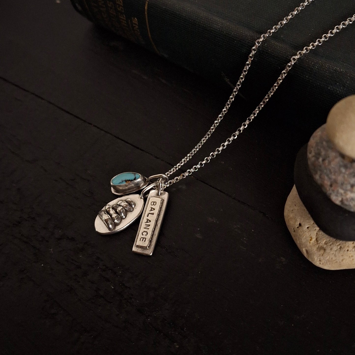 Rock Cairn Charm Necklace with Turquoise and Balance Tag