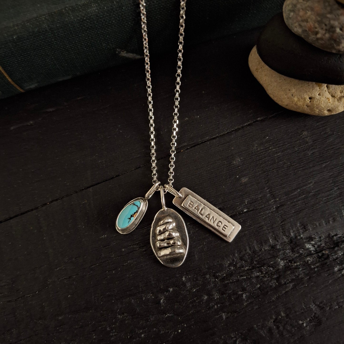 Rock Cairn Charm Necklace with Turquoise and Balance Tag