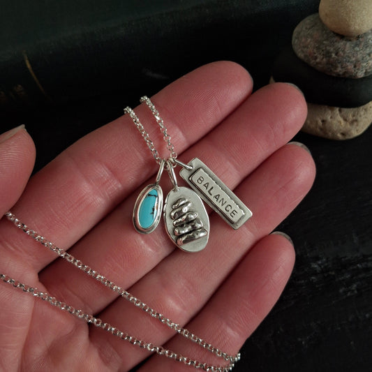 Rock Cairn Charm Necklace with Turquoise and Balance Tag
