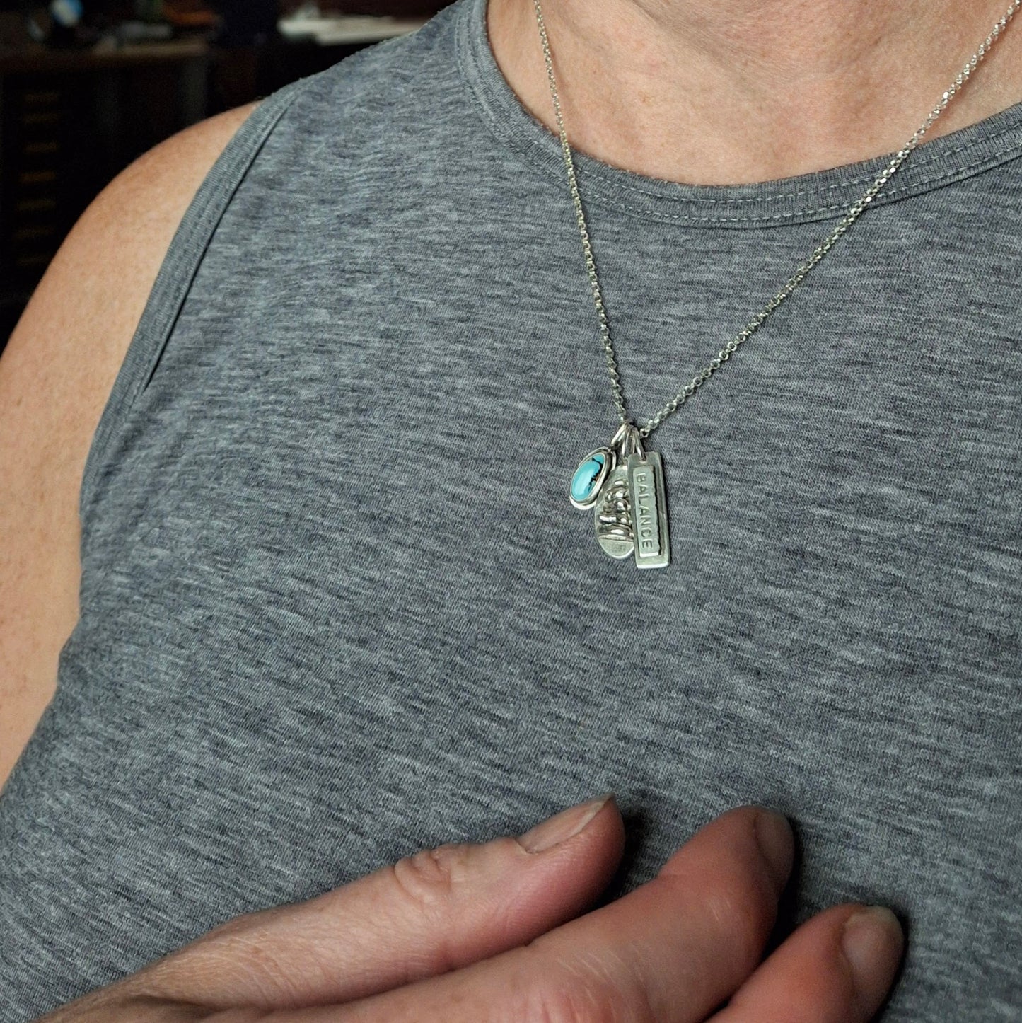 Rock Cairn Charm Necklace with Turquoise and Balance Tag