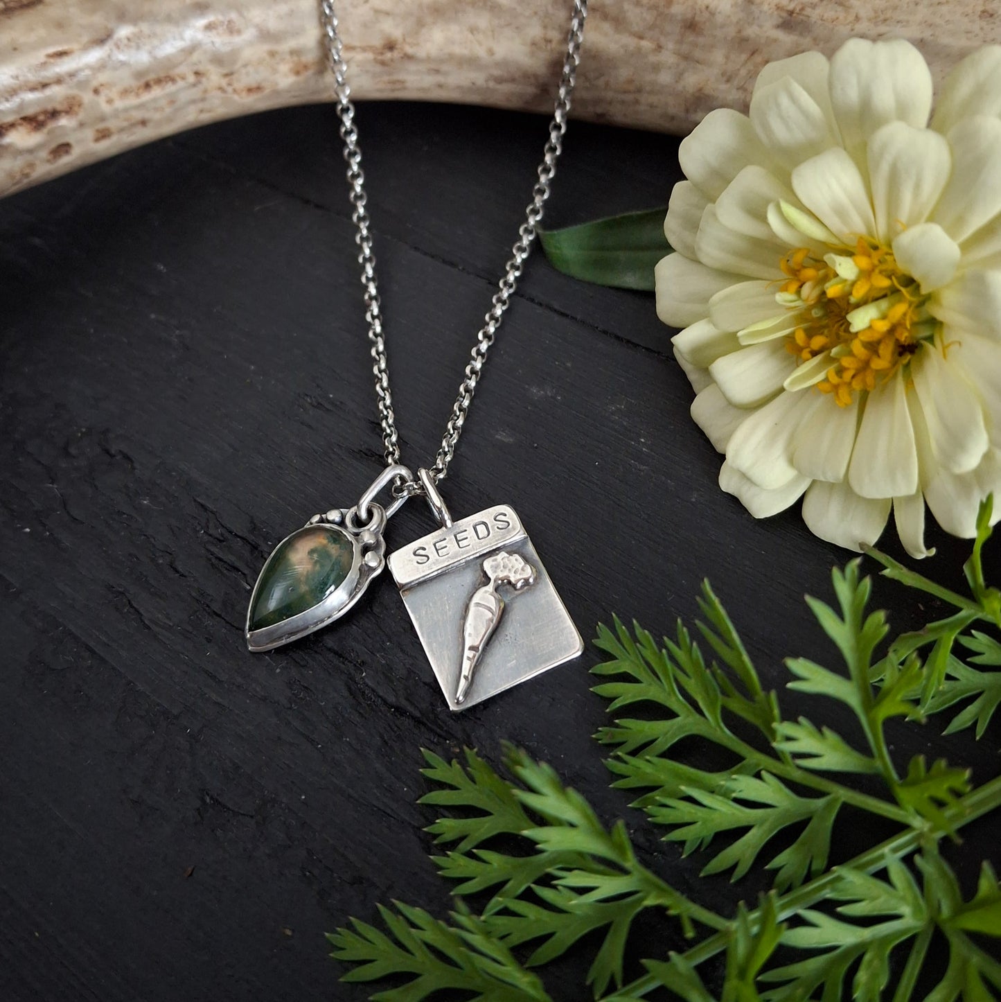 Moss Agate Charm with Carrot Seed Packet Charm