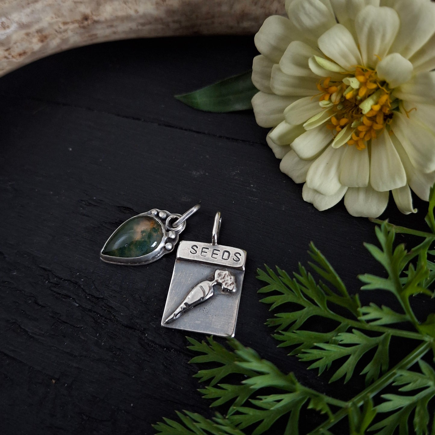 Moss Agate Charm with Carrot Seed Packet Charm