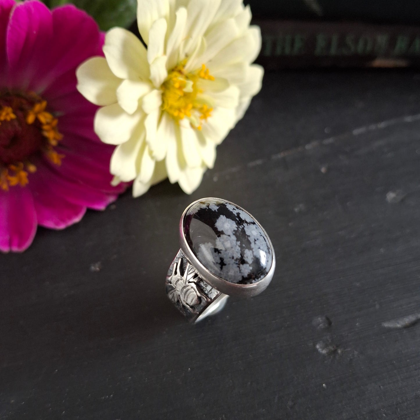 Snowflake Obsidian with Bee and Joy tag along band - Size 7-3/4