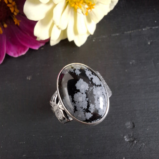 Snowflake Obsidian with Bee and Joy tag along band - Size 7-3/4