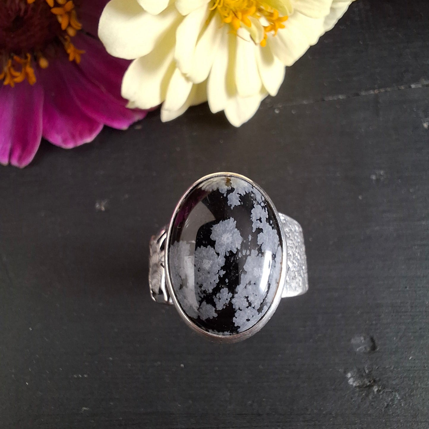 Snowflake Obsidian with Bee and Joy tag along band - Size 7-3/4