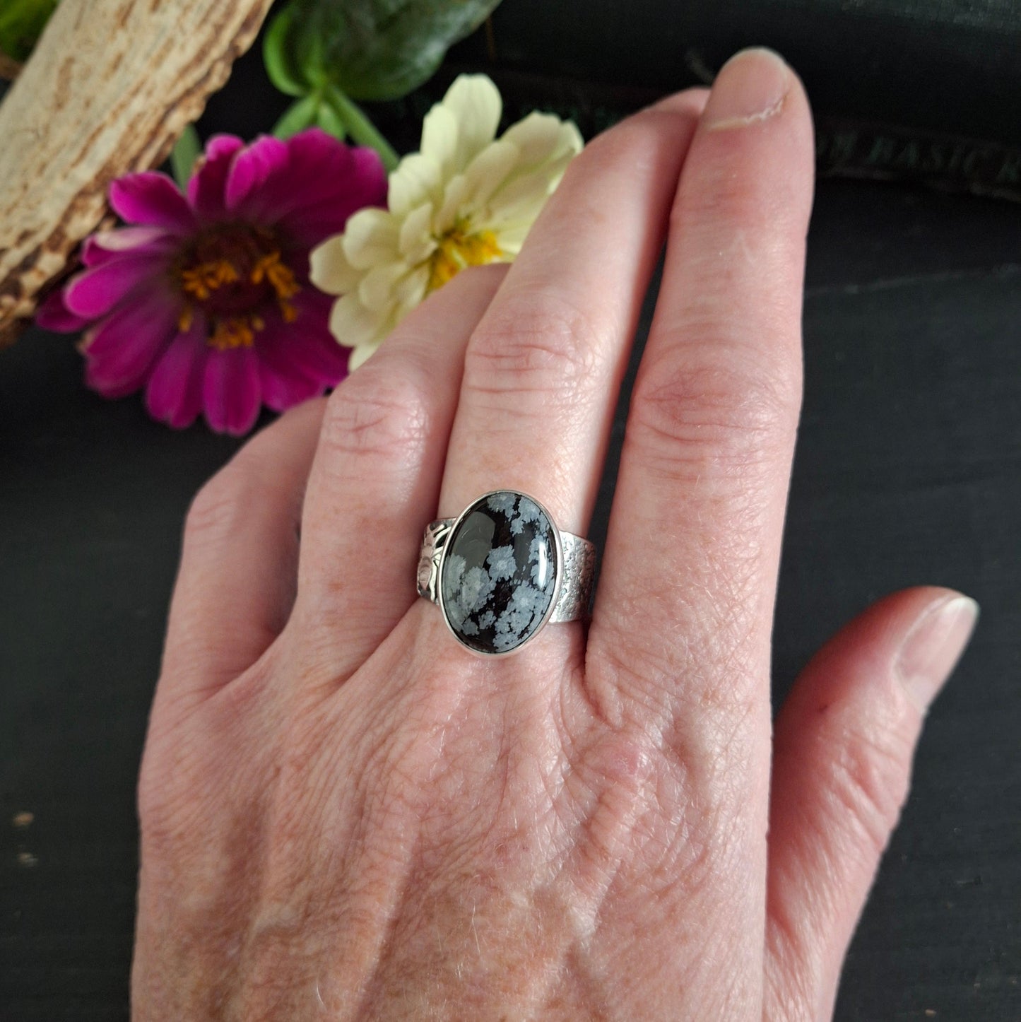 Snowflake Obsidian with Bee and Joy tag along band - Size 7-3/4