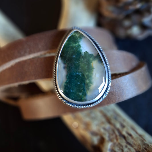 Moss Agate Leather Wrap Bracelet