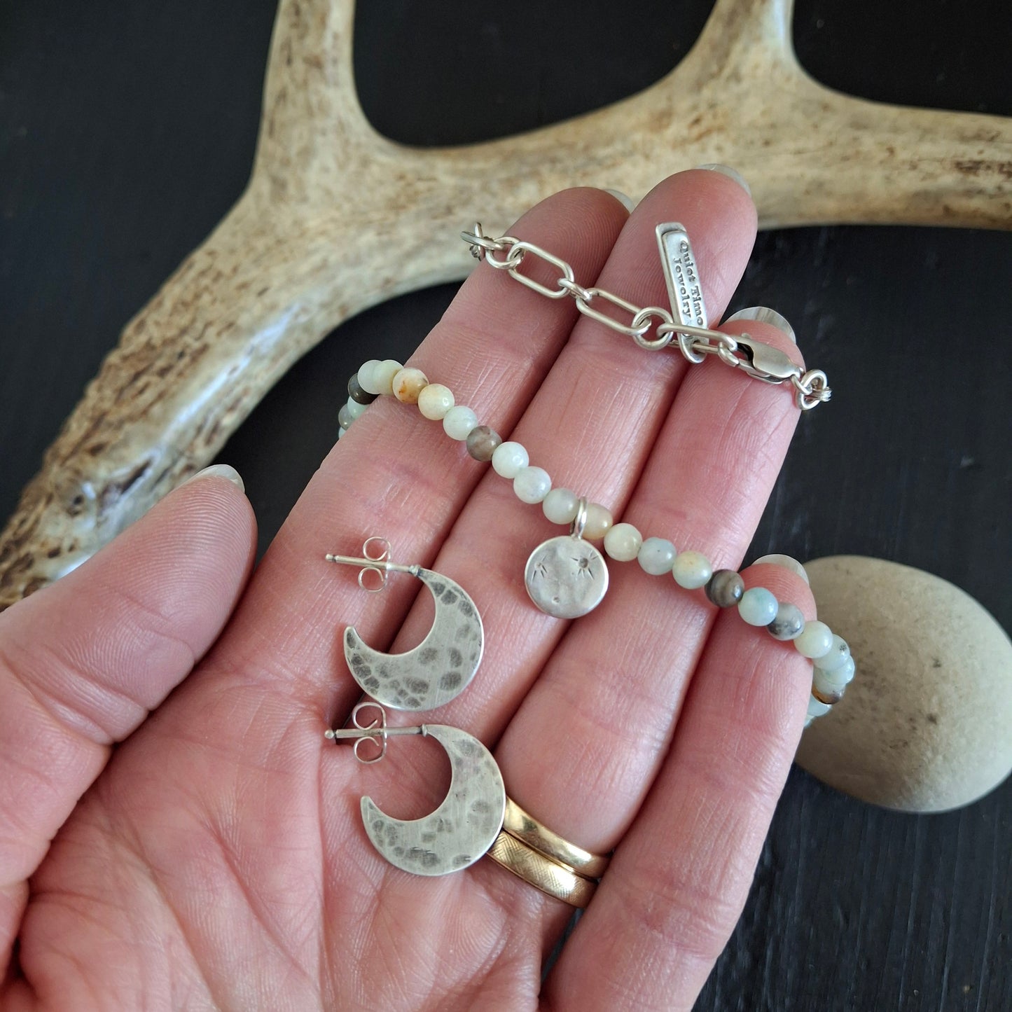 Celestial Bundle - Amazonite Necklace with Reversible Moon & Crescent Moon Earrings